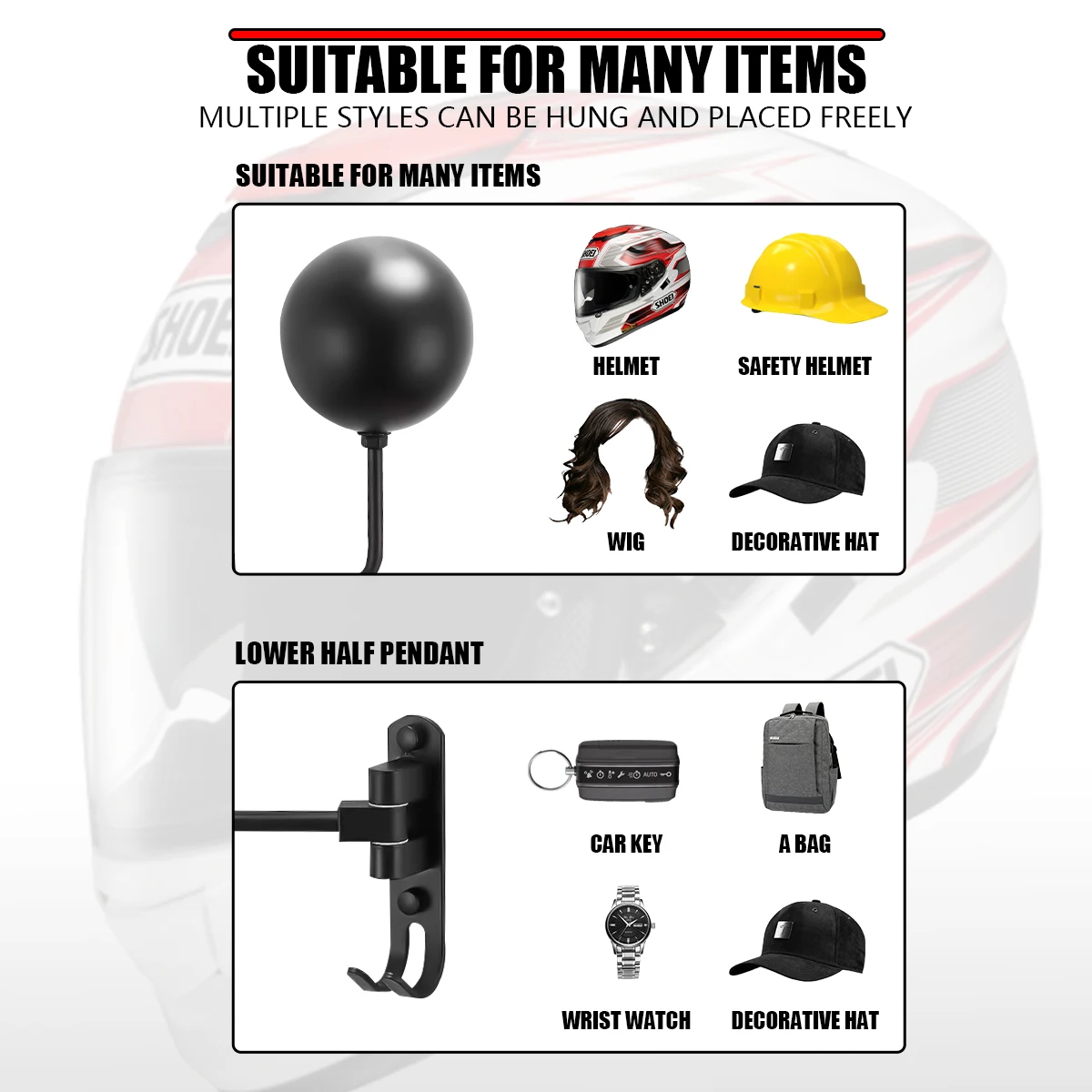 180° Rotation Motorcycle Helmet Rack Wall Mount with Hooks Metal Bicycle Helmet Display Hanger Stand for Coats Caps Rugby Helmet