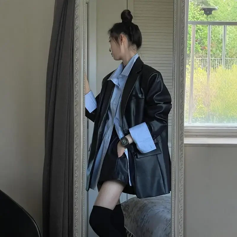 2024 novo estilo jaqueta de couro genuíno feminino solto ajuste casual elegante high-end sensação superior coreano vintage jaqueta preta