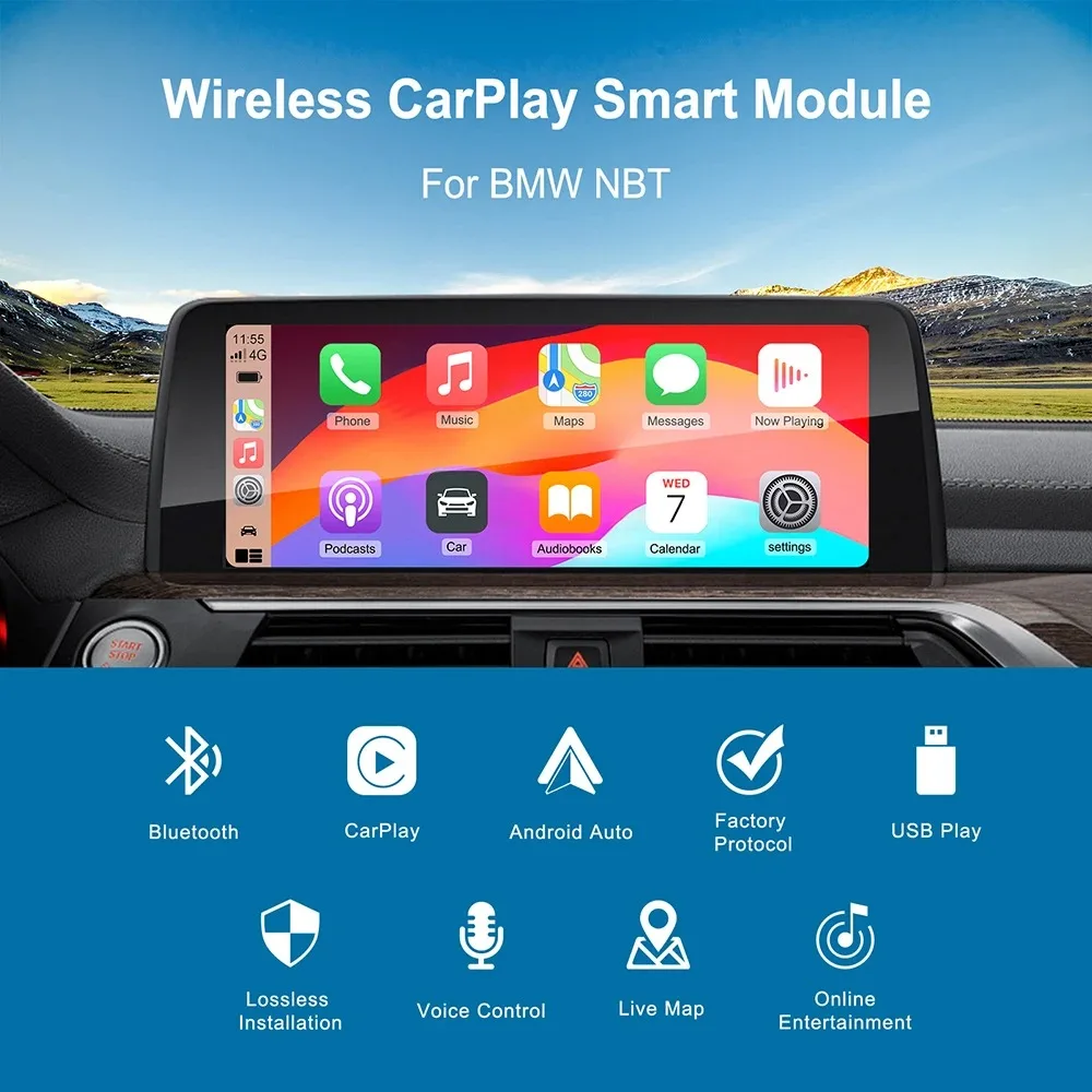 Carabc carplay sem fio para bmw mini f30 f31 f20 f21 f10 f01 x5 e70 x3 f25 nbt cic sistema android auto módulo de integração oem