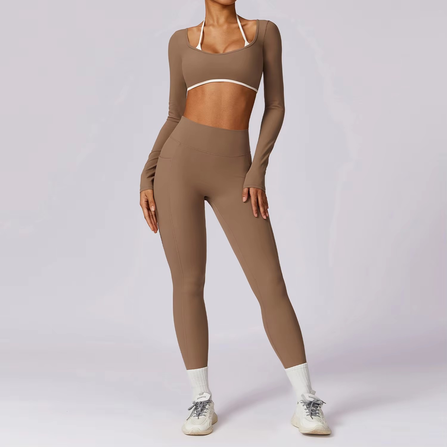 Conjunto de Yoga para mujer, ropa deportiva de realce, ropa de entrenamiento, mallas de gimnasio, sujetador de Fitness, Top corto, trajes deportivos de manga larga, 2 uds.