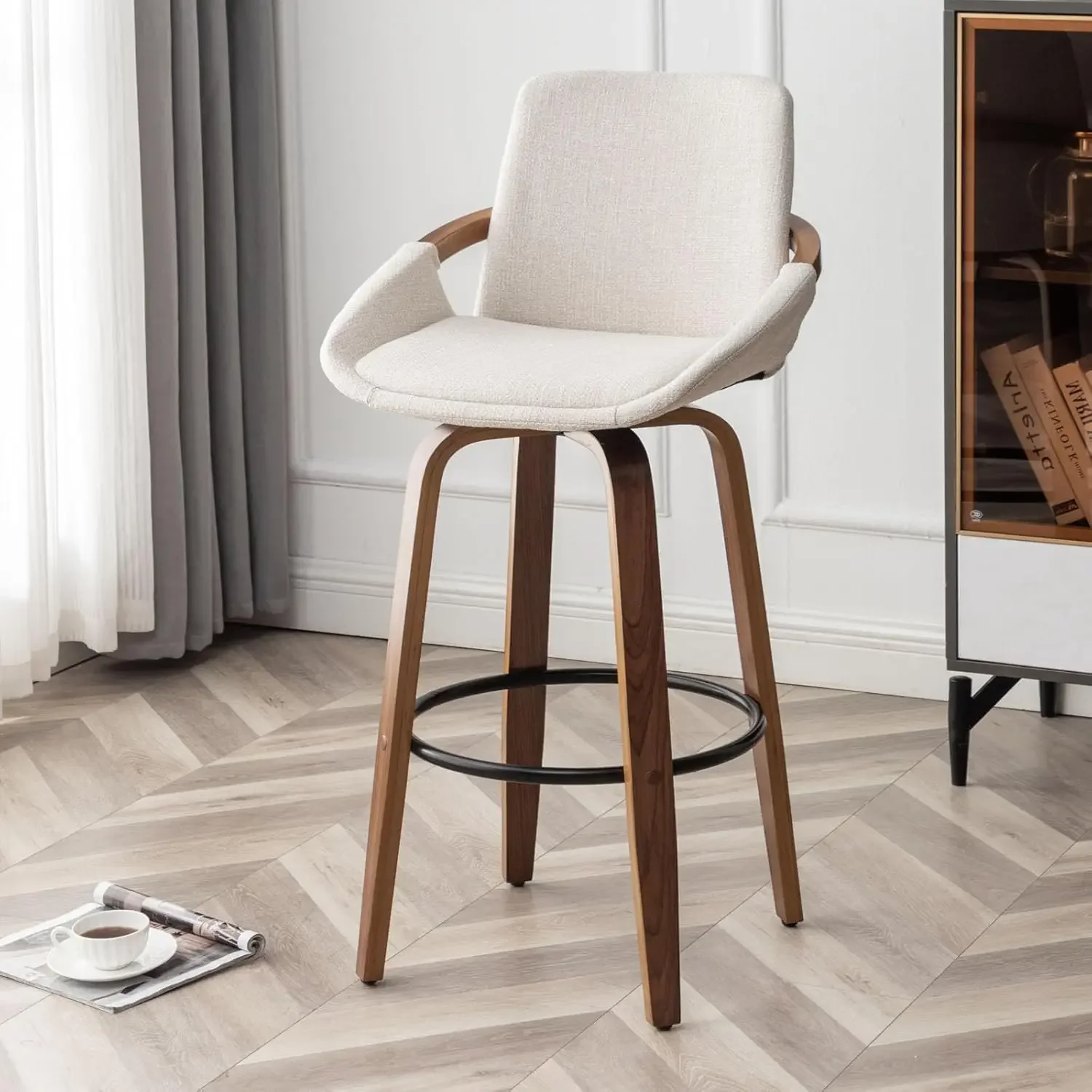 29.5" Bar Height Barstools Set of 2,Mid Century Modern Retro Bar Chairs Charcoal Beige Linen Look Fabric (Beige)