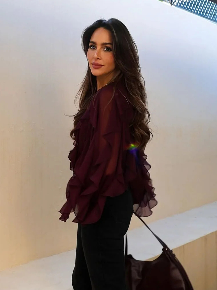 MUJER 2025 Blusas com babados para mulheres Camisas e blusas semitransparentes Mulher Verão Blusas Casuais Mulher Moda Tops Blusas Femininas