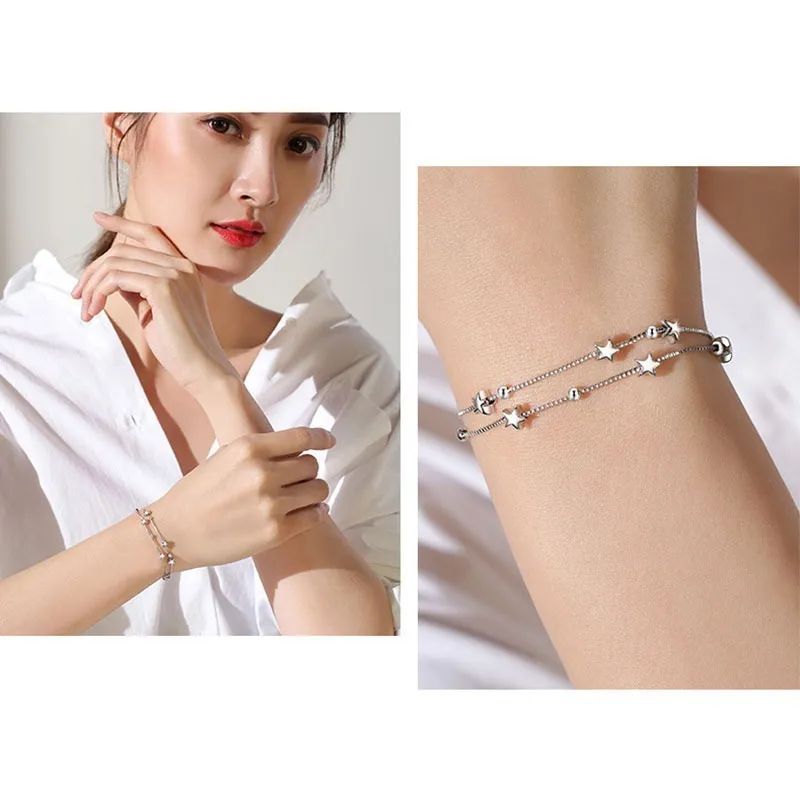 SAIYE, pulseras de plata de ley con cuentas de estrellas de doble capa para mujer, elegante pulsera con dije de cadena, regalo de fiesta de cumpleaños