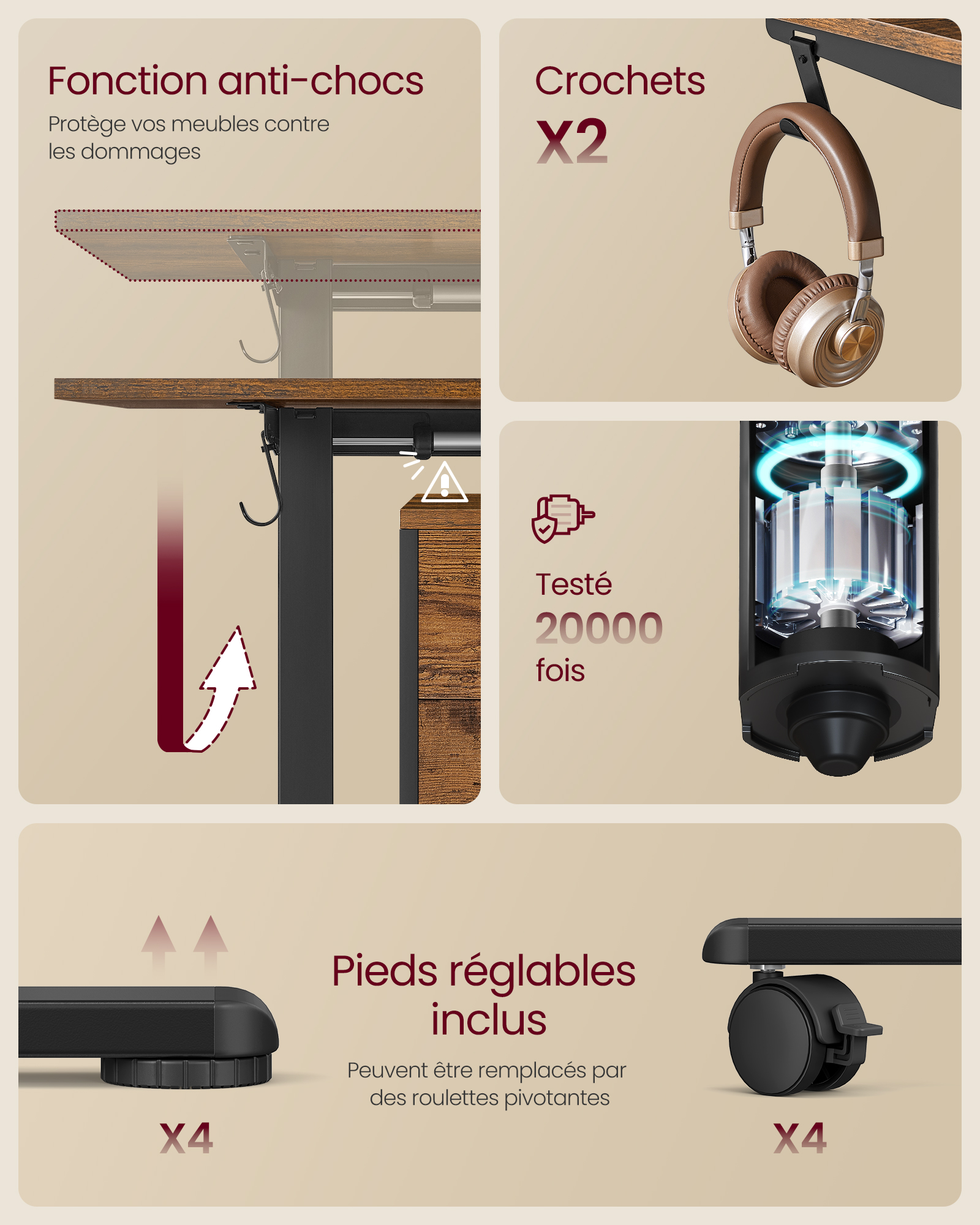 Bureau Électrique Réglable en Hauteur, avec 2 Crochets, Fonction Mémoire 3 Hauteurs, Acier, Noir d'encre