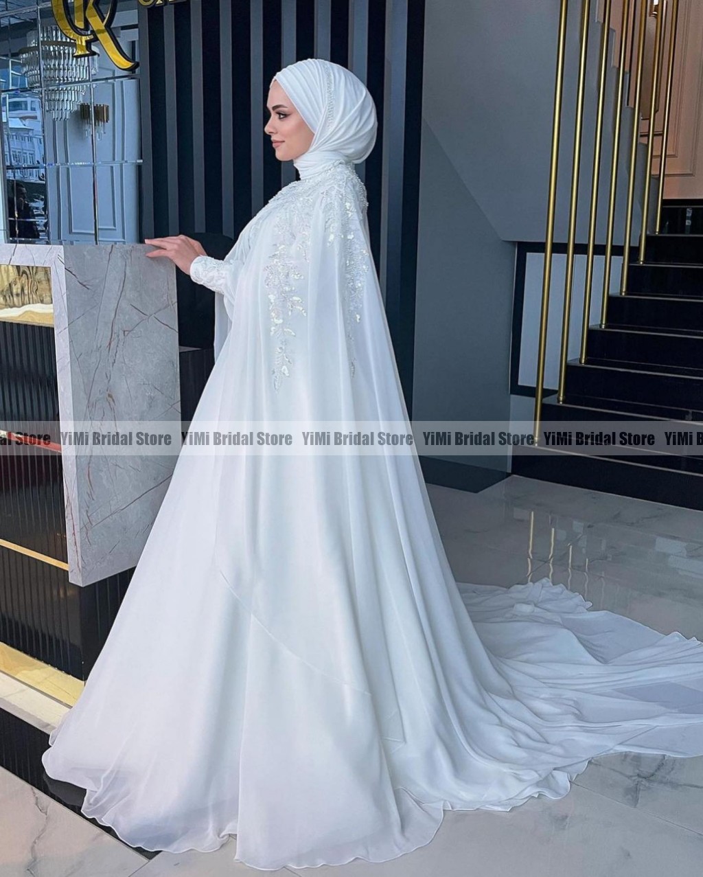 Muslim Wedding Dresses with Cape High Neck Long Sleeves Sweep Train Chiffon Sequined Beading Hijab Bride Bridal Gowns Customized