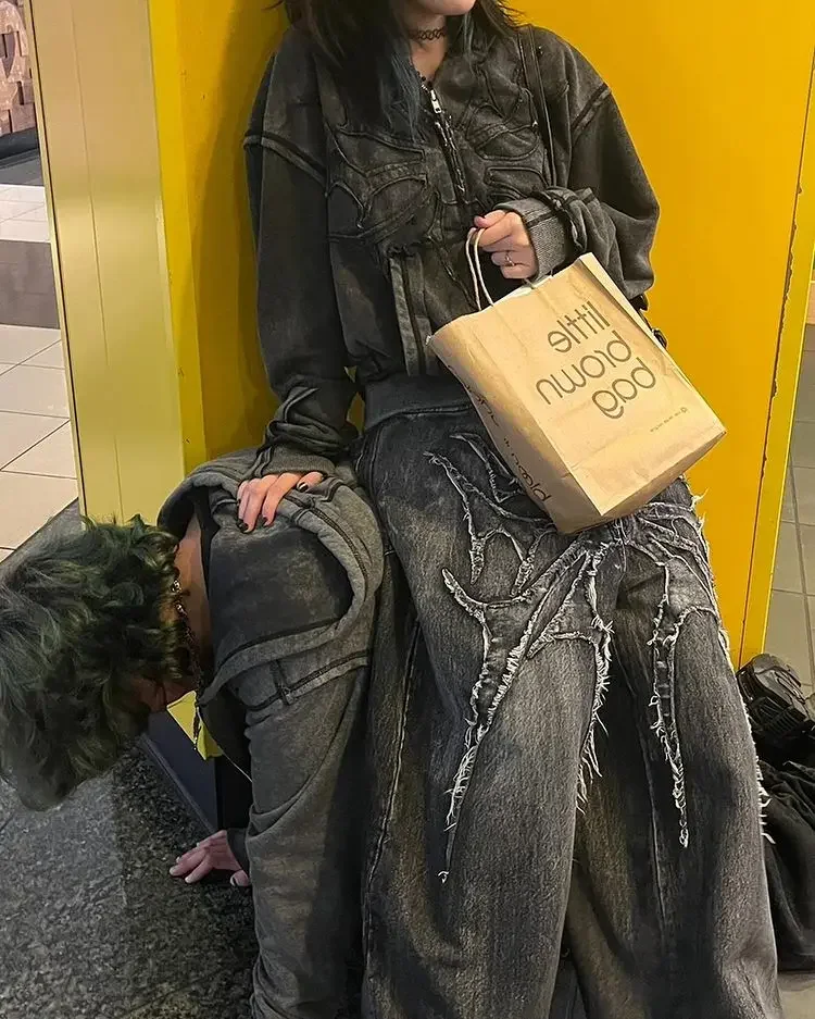 Y2K 헐렁한 청바지 빈티지 스플 라이스 자수 패턴 고품질 청바지 힙합 고딕 streetwear 남성 여성 캐주얼 와이드 레그 청바지