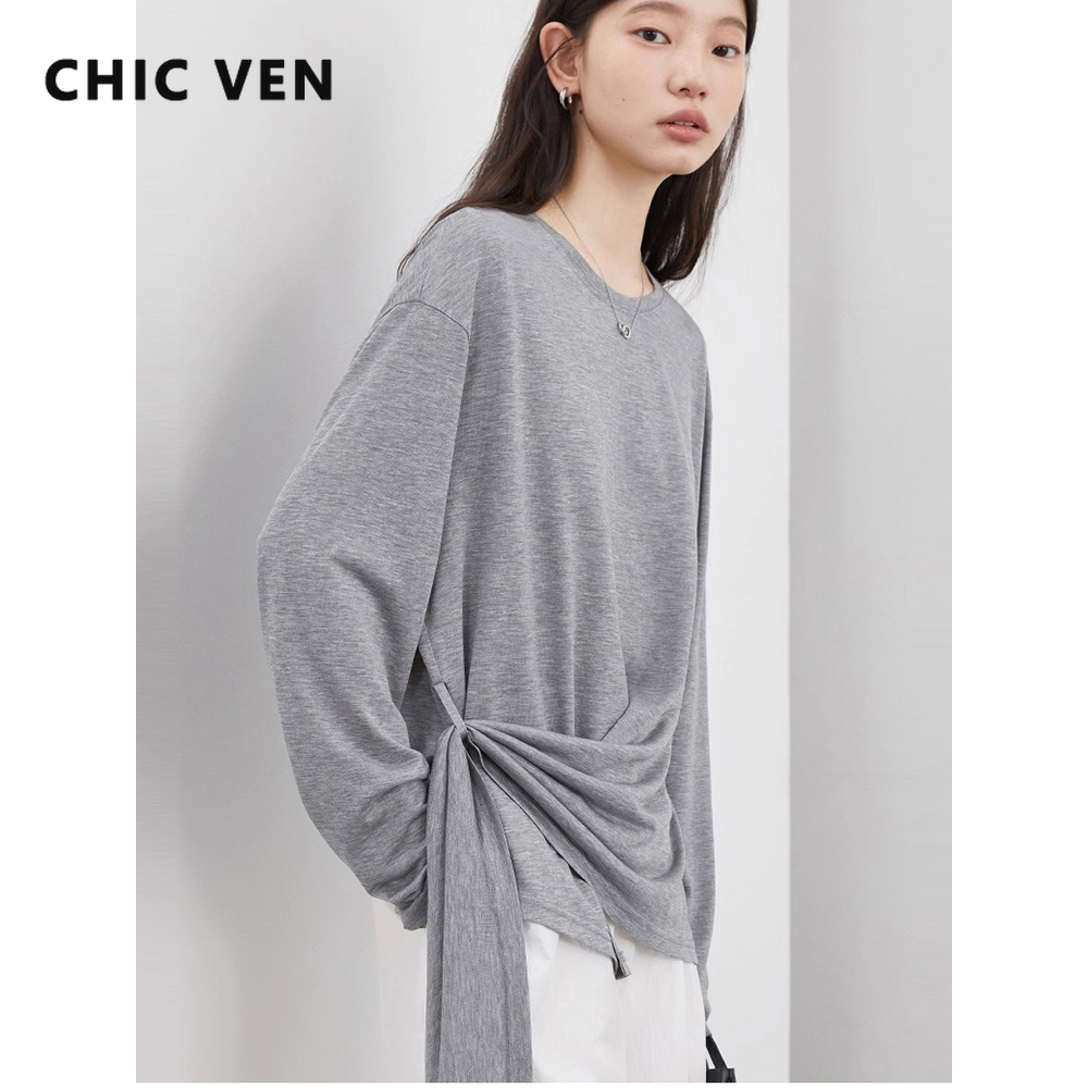 CHIC VEN модные женские пуловеры футболки с круглым вырезом новая свободная однотонная женская футболка с длинным рукавом тонкий женский топ весна осень 2025
