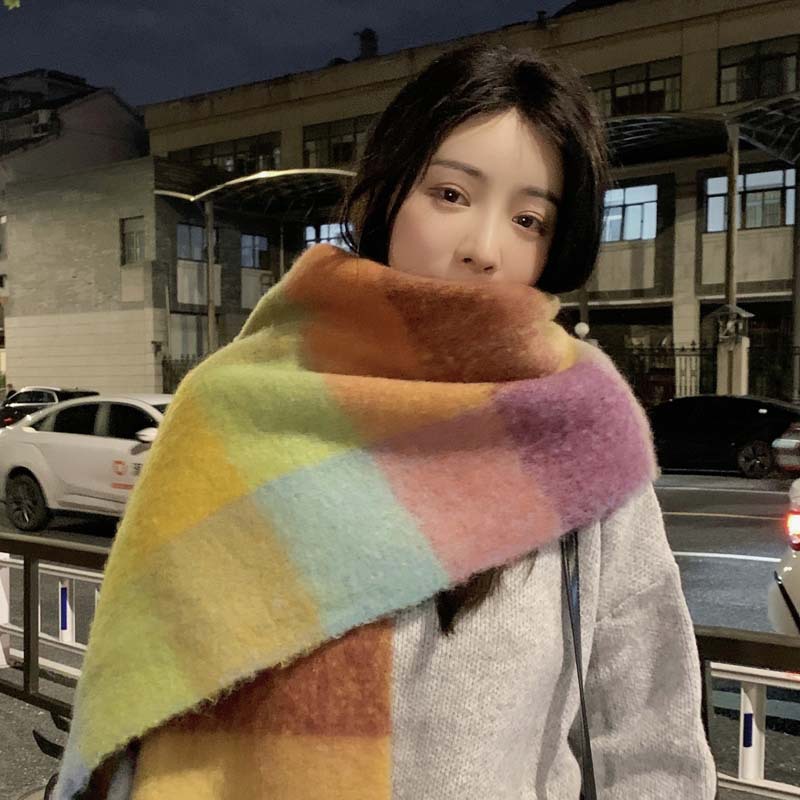 Regenboog geruite sjaal voor dames herfst-winter premium kleur bijpassende franje mohair verdikte sjaal 24W027
