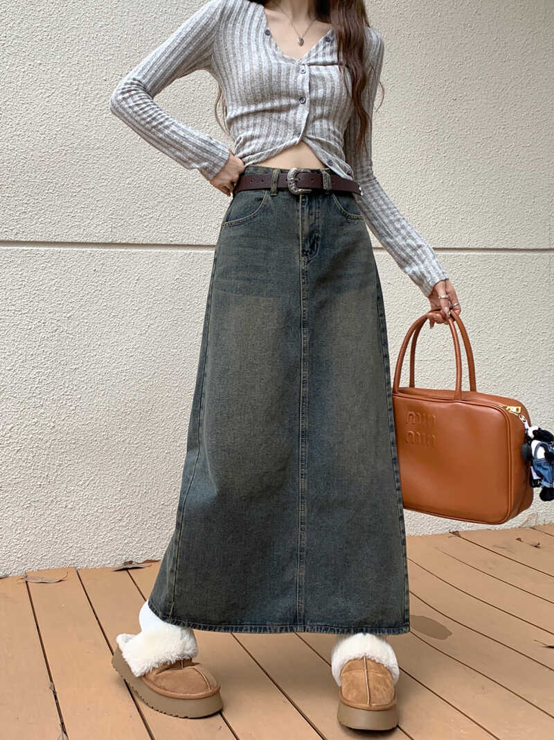 High Waist A-Line Midi Denim Skirt for Pear Shaped Women Spring Autumn plus Size Vintage Loose Slimming Skirts
