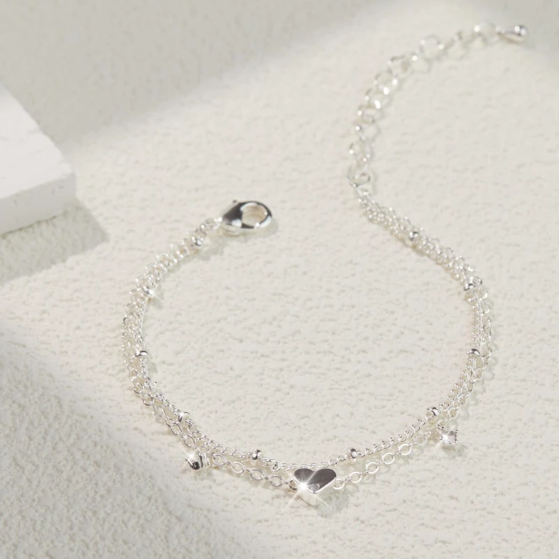 Tobillera de circonia cúbica chapada en plata 925 para mujer y niña, tobillera de cadena de capa delicada con dije de corazón resistente al agua, regalos de joyería