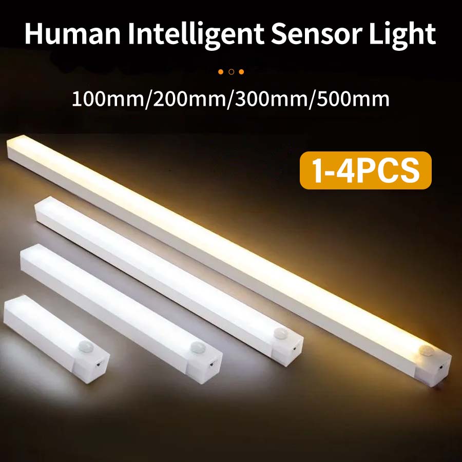 1-4Pcs Rechargeable PIR Motion Sensor LED Bar Lights Human Infared Induction Night Light Portable Cabinet Light 10/20/30/50cm
