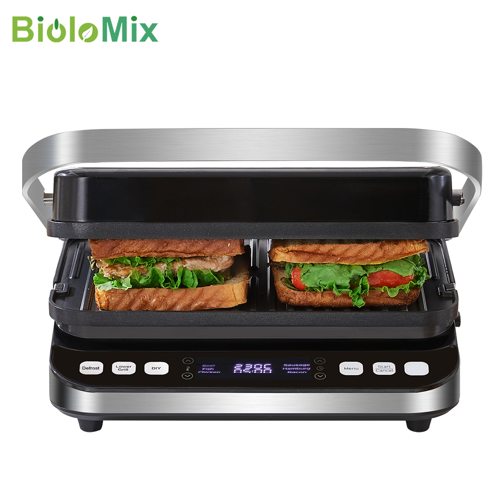 BioloMix 2000 W elektrischer Kontaktgrill, digitale Grillplatte und Panini-Presse, optionale Waffeleisenplatten, öffnet 180-Grad-Grill