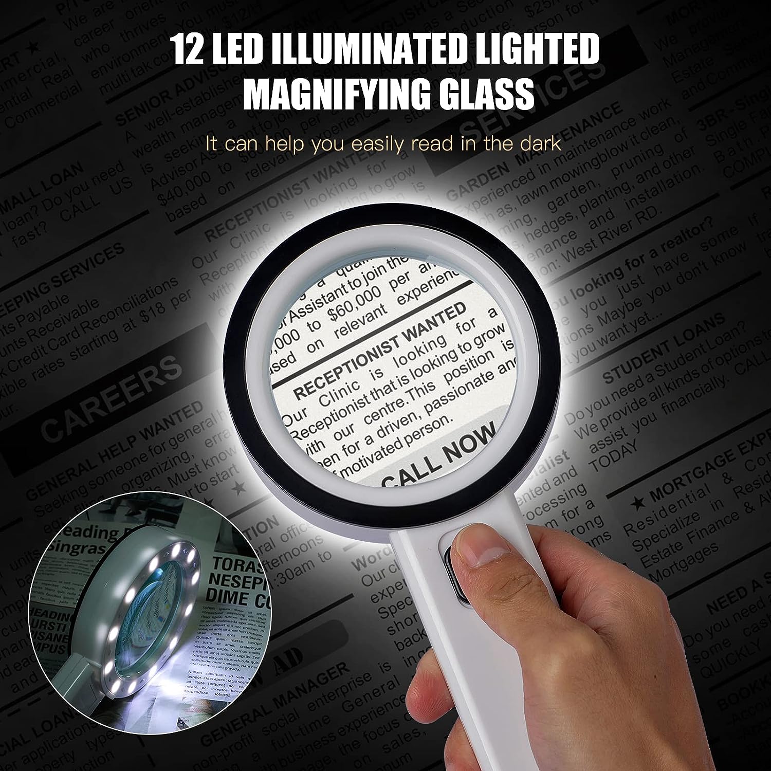 Lupa de mano 30x, 12 luces LED, joyería iluminada, lupa de doble lente de cristal para personas mayores, reparación de relojes de lectura