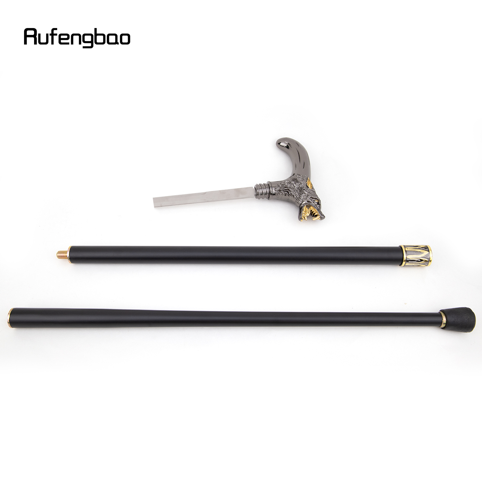 Goldener schwarzer Wolfskopf-beißender Gehstock mit versteckter Platte, Selbstverteidigung, modischer Gehstock, Platte, Cosplay, Crosier-Stick, 93 cm