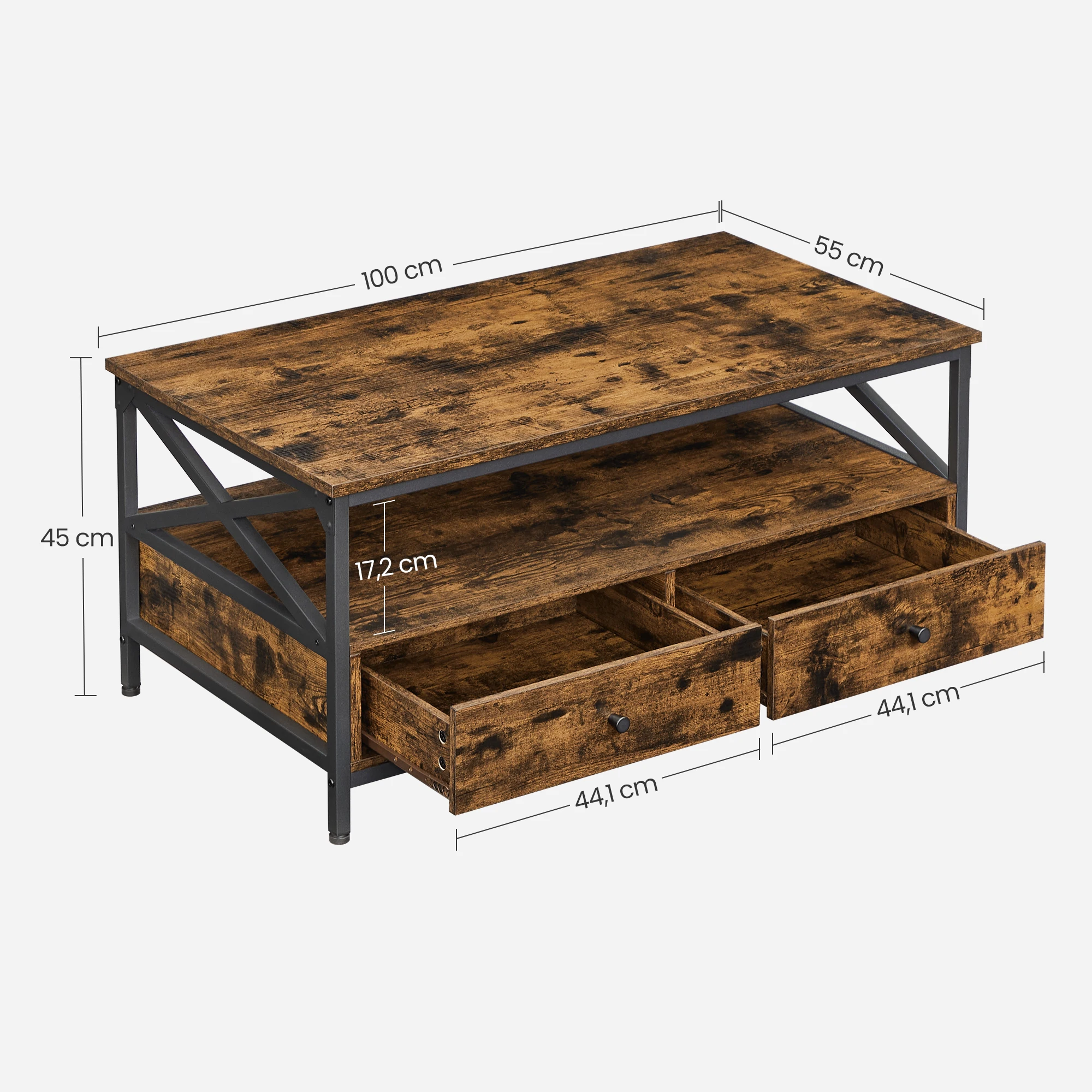 VASAGLE Table Basse, Table de Salon, Buffet Bas, avec 2 Tiroirs et Un Compartiment Ouvert, Cadre en Acier en Forme de X, 100 x 55 x 45 cm, Style Industriel