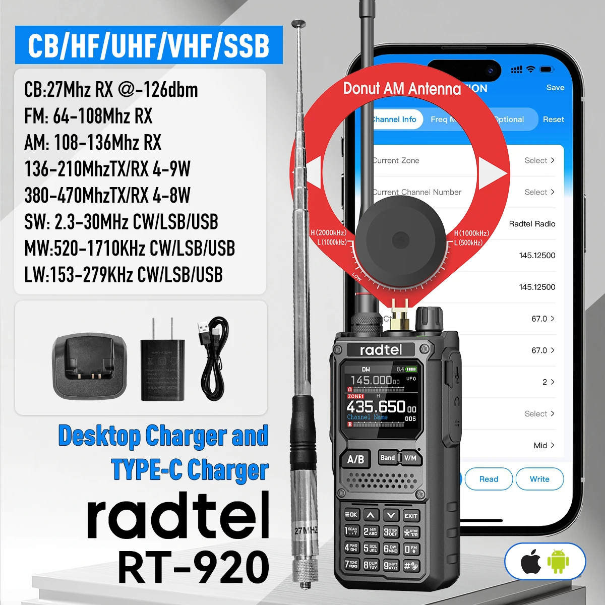 Radtel RT-920 programación de aplicaciones Bluetooth Radioaficionado multibanda CB UHF VHF HF SSB con AM USB LSB CW 960 canales batería de 2200mAh