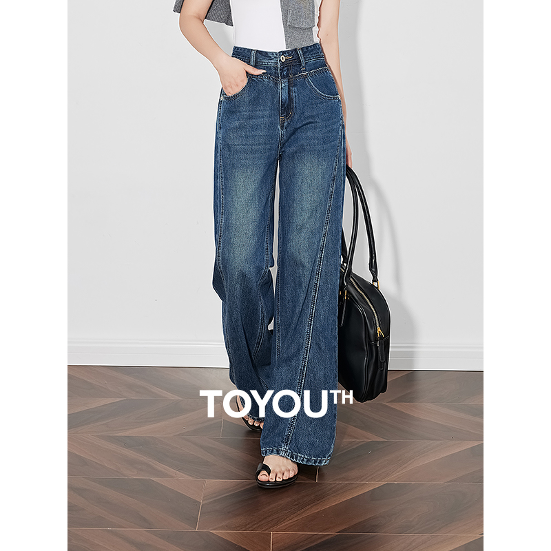 TOYOUTH กางเกงยีนส์ผู้หญิงผ้าเดนิม 2025 ฤดูใบไม้ผลิใหม่ Workwear กางเกงขายาวขากว้างตรง
