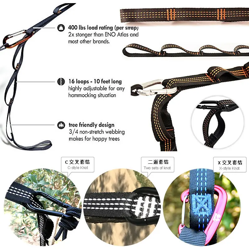 2.8M 2 PCS Essential Can Hold 2000kg Out Door Camping Hiking Hammock Hanging Belt Hammock Strap Rope Accessories Load Bind Rope