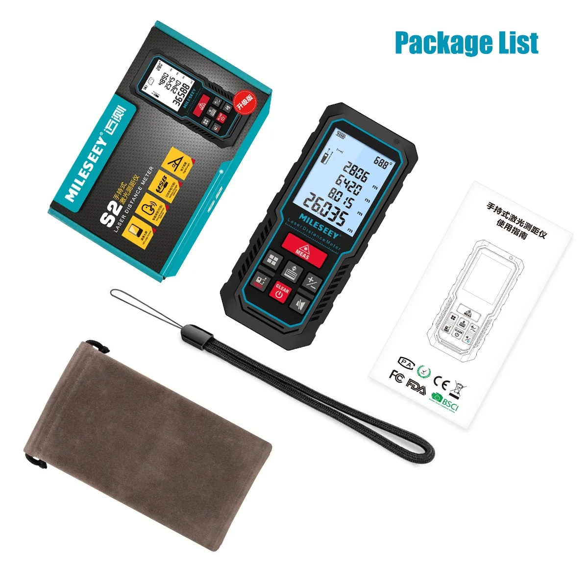 MILESEEY Laser Rangefinder S2 Rechargeable Laser Tape Measure 50M 70M 100M 120M High-Accuracy Trena with Electronic Angle
