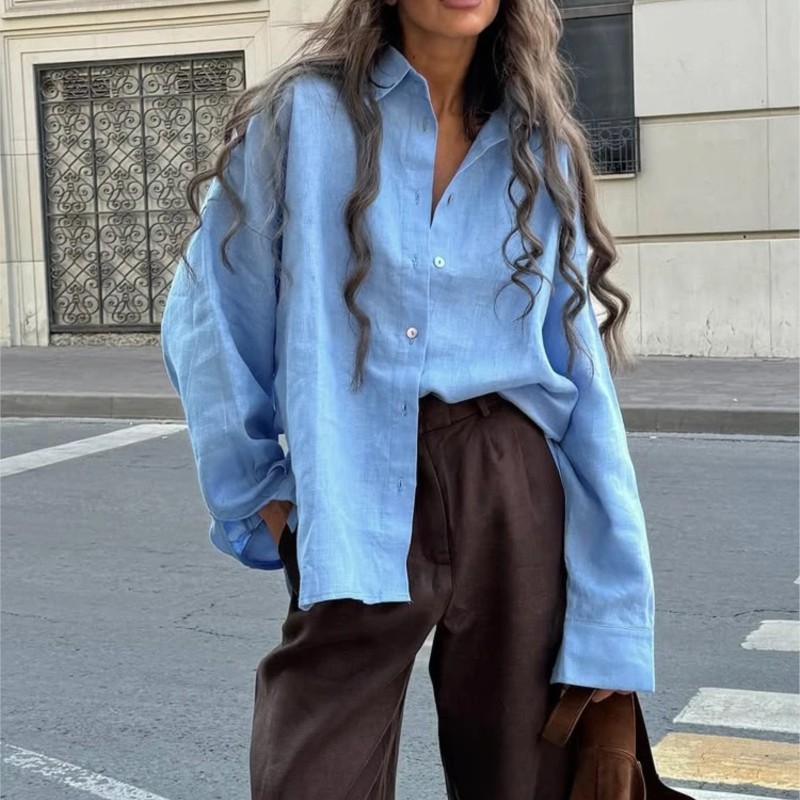 Ammug Wit damesshirt met lange mouwen, elegante effen blouse, vrouw, vintage zomer, losse shirts voor dames, basic topkraag