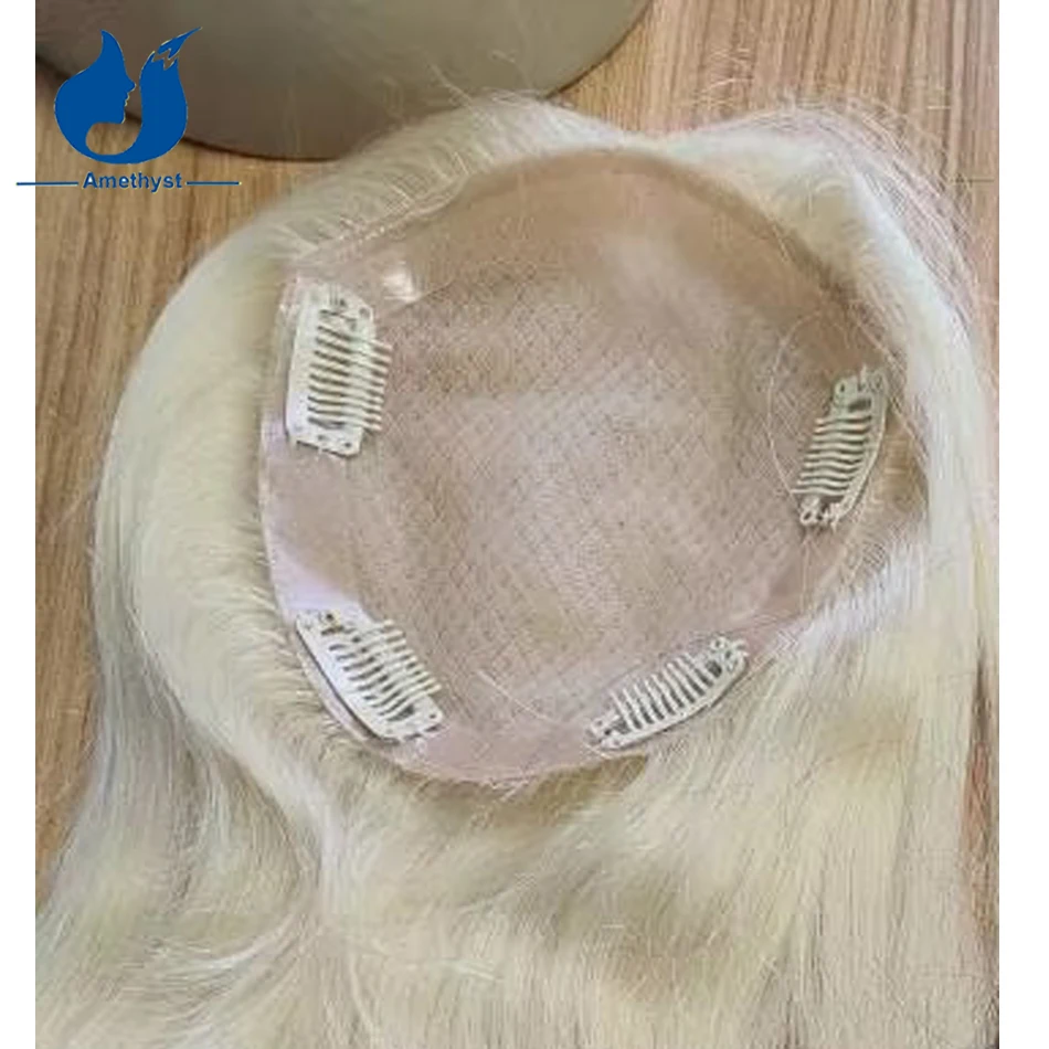 Topper de cabelo com base de seda reta de ametista com balayage ombre destaque cabelo humano europeu virgem para mulheres com raiz escura 5 "x 6"