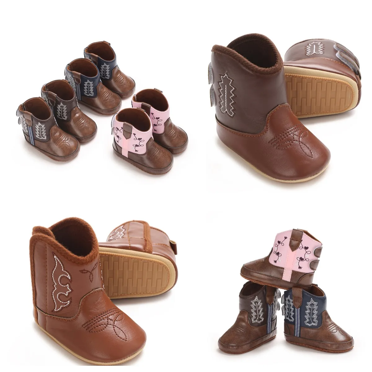 Leder-Westernstiefel, Cowboy-Bootie, weiche Sohle, rutschfeste Krippenschuhe für Babys, Kleinkinder, Kleinkinder, Mädchen, Jungen, Neugeborene