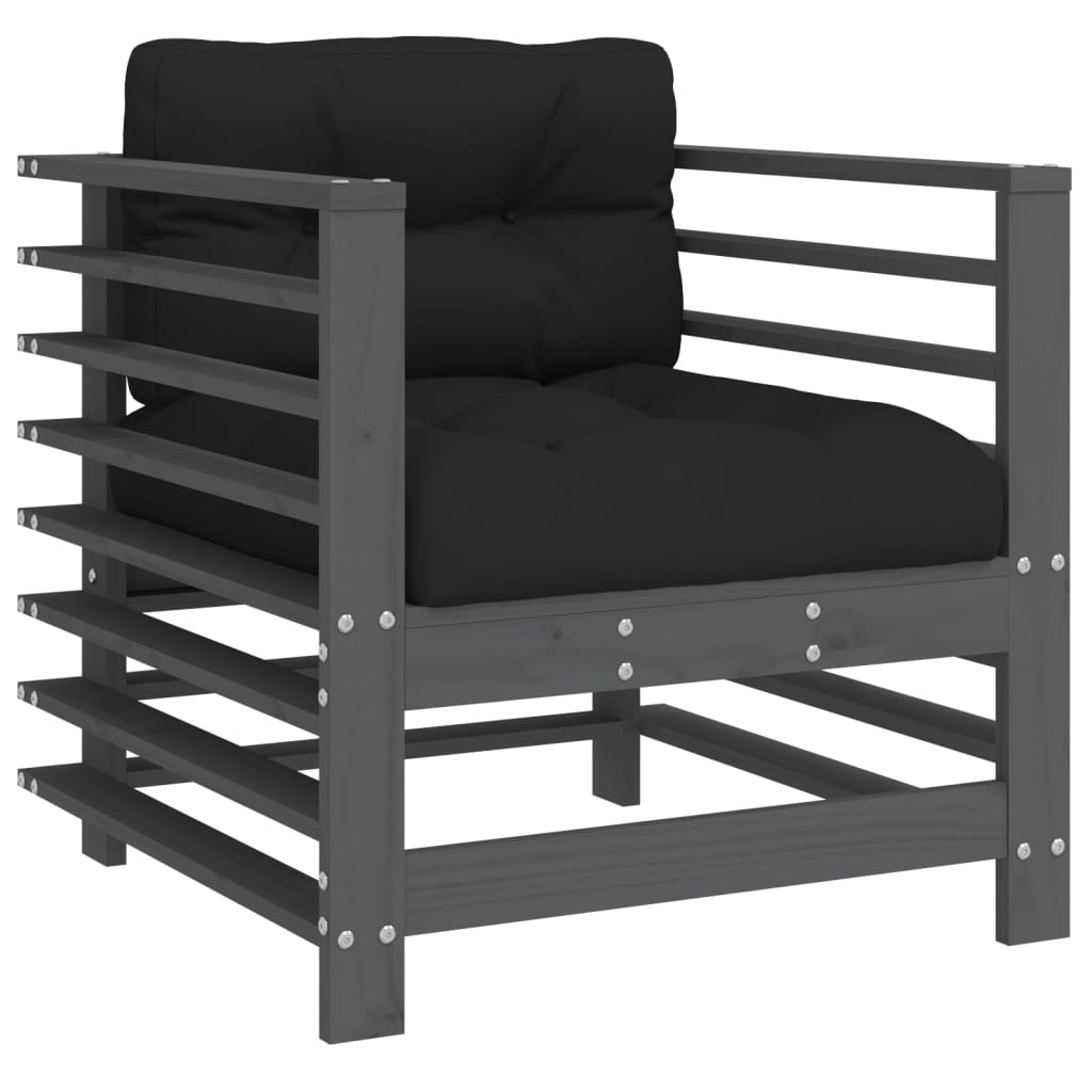 7-TLG. Salon de jardin avec coussins Bois massif gris