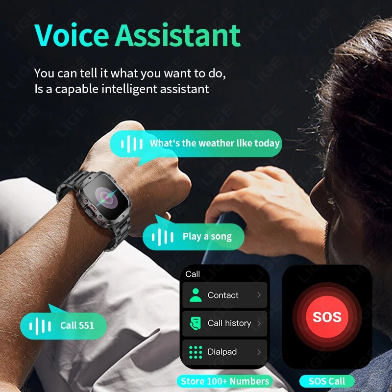 Lige-男性用防水スマートウォッチ、Bluetooth通話、音声アシスタント、スポーツ、フィットネス、スマートウォッチ、1.96インチ画面、420 mah、新しい