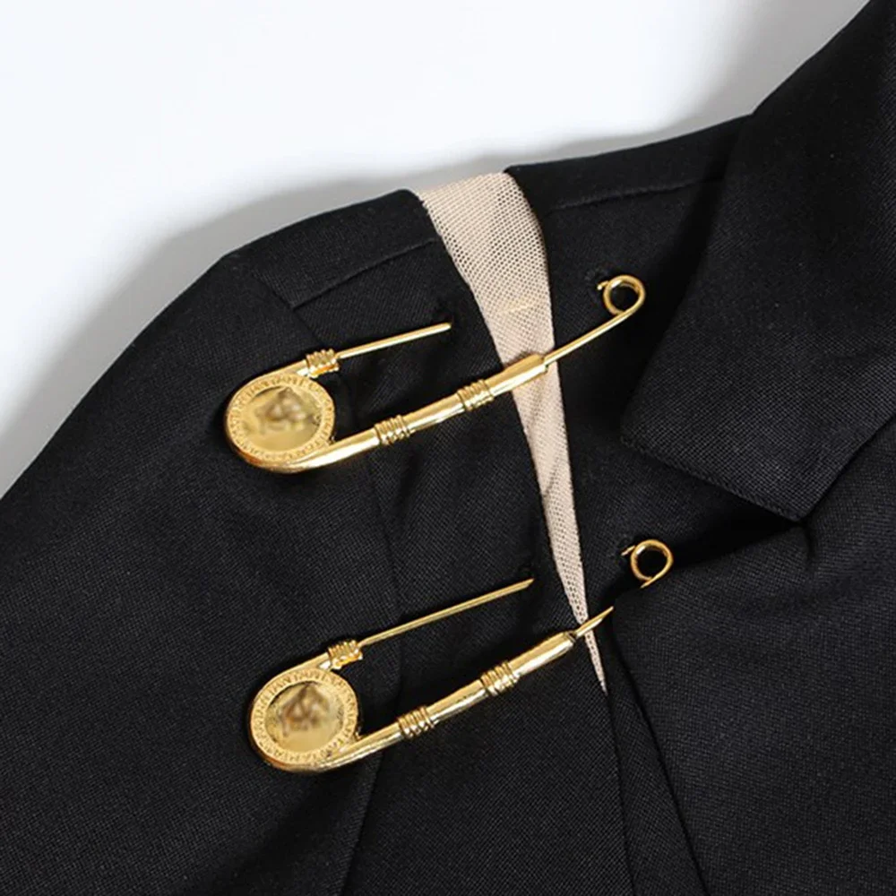 VGH Chic Gespleißt Metall Pin Abnehmen Blazer für Frauen Kerb Kragen Langarm Patchwork Mesh Aushöhlen Mode Jacke Weibliche