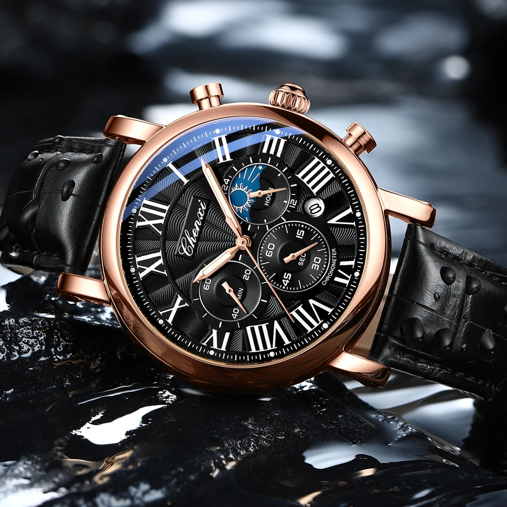 CHENXI, relojes de negocios a la moda para hombre, reloj de cuarzo de lujo, cronógrafo con fecha automática, reloj de pulsera de cuero resistente al agua para hombre