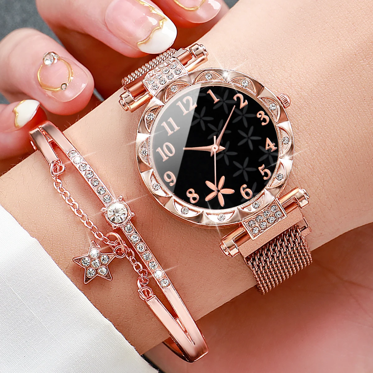 2 pçs/set moda flor dial relógio feminino ímã fivela malha banda relógios de quartzo estrela pulseira conjunto (sem caixa)