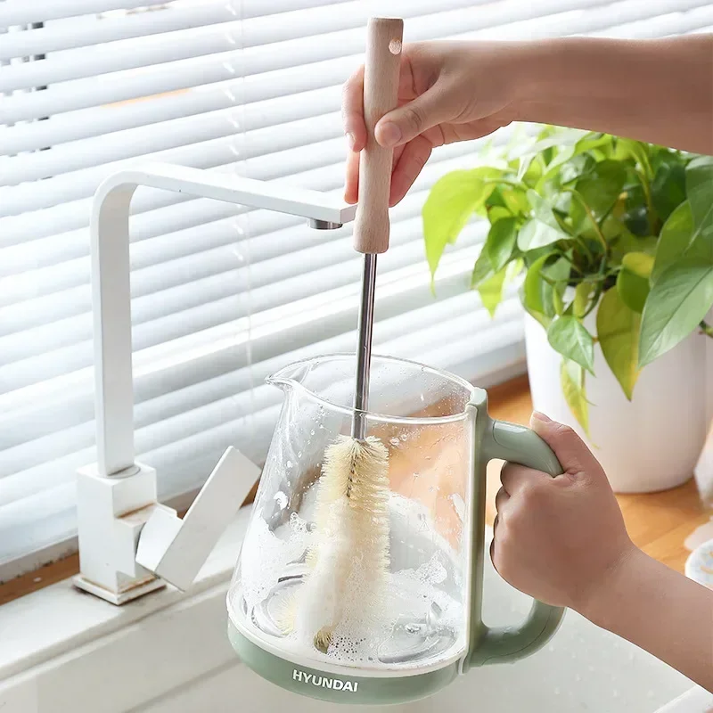 Limpiador de cepillo para botellas con mango largo de madera, cepillo de limpieza para botellas de agua, cerdas naturales, cepillo para botellas de cocina para jarra de tazas