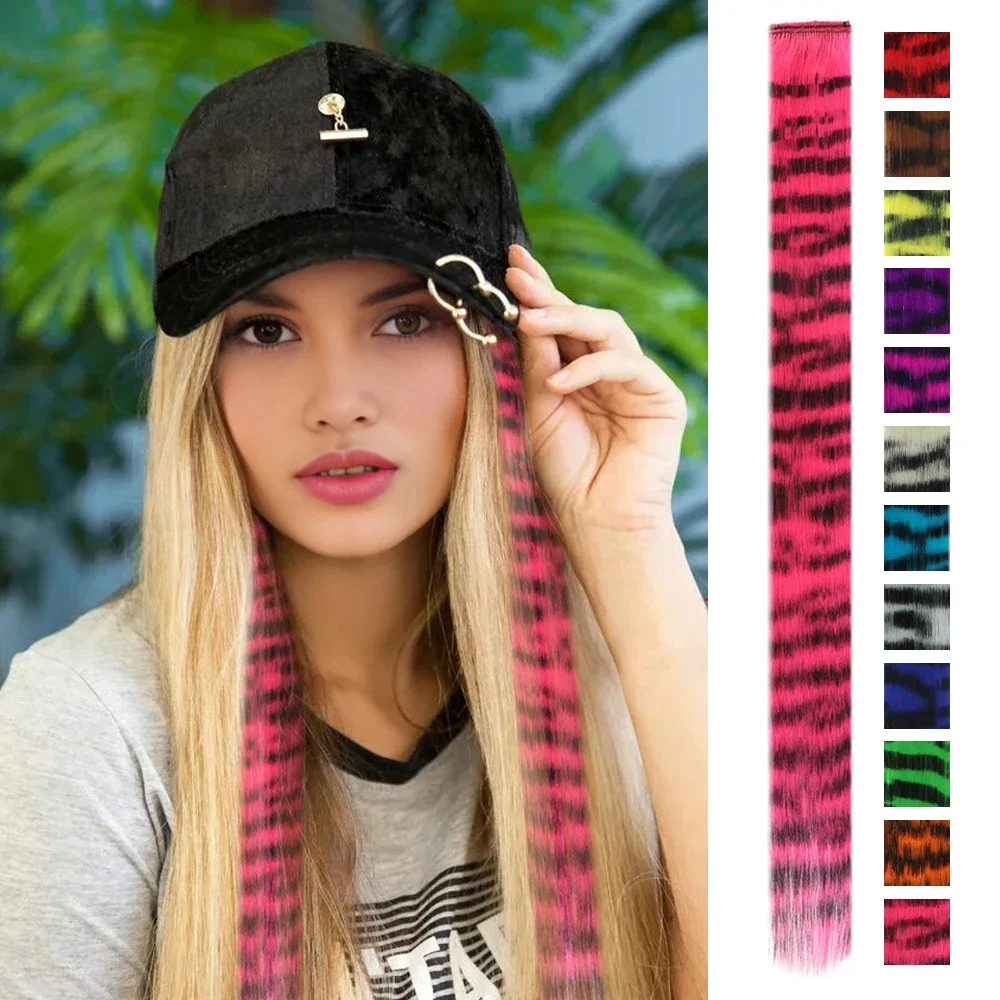 Pena sintética Extensão do cabelo Piece, seda colorida, cabelos lisos longos, um cartão de impressão leopardo, acessórios cosplay