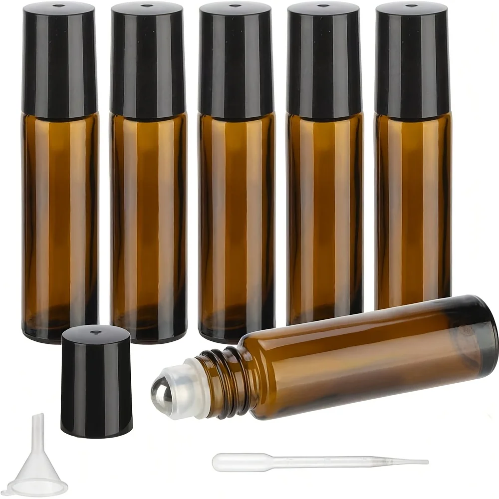 5/10 Uds. Botellas enrollables vacías de vidrio ámbar de 5/10ml, viales de aceite esencial de prueba de muestra rellenables con contenedor de líquido de bola de rodillo