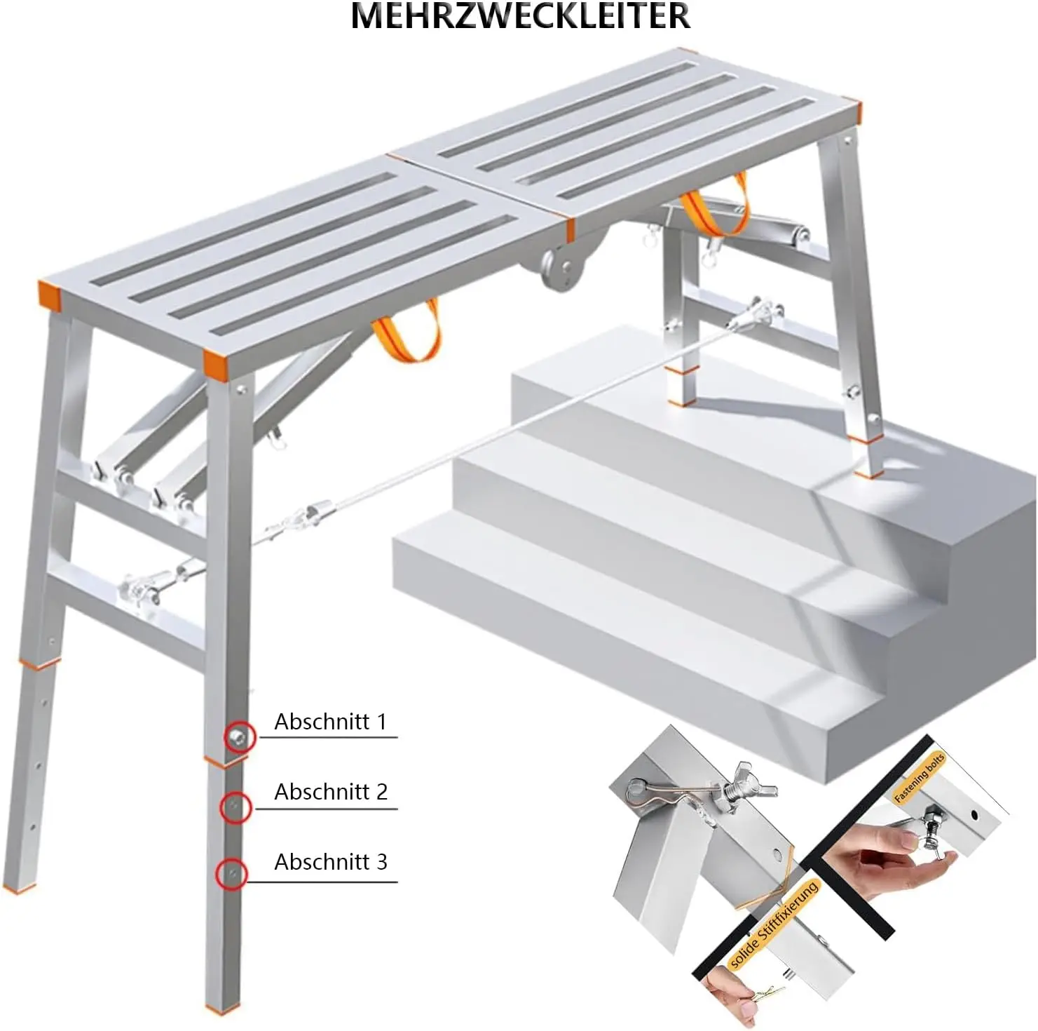 Ponteggio a scala multiuso portatile, regolabile in altezza e pieghevole con una piattaforma di lavoro 160x30 cm. Capacità di carico: 200 kg.