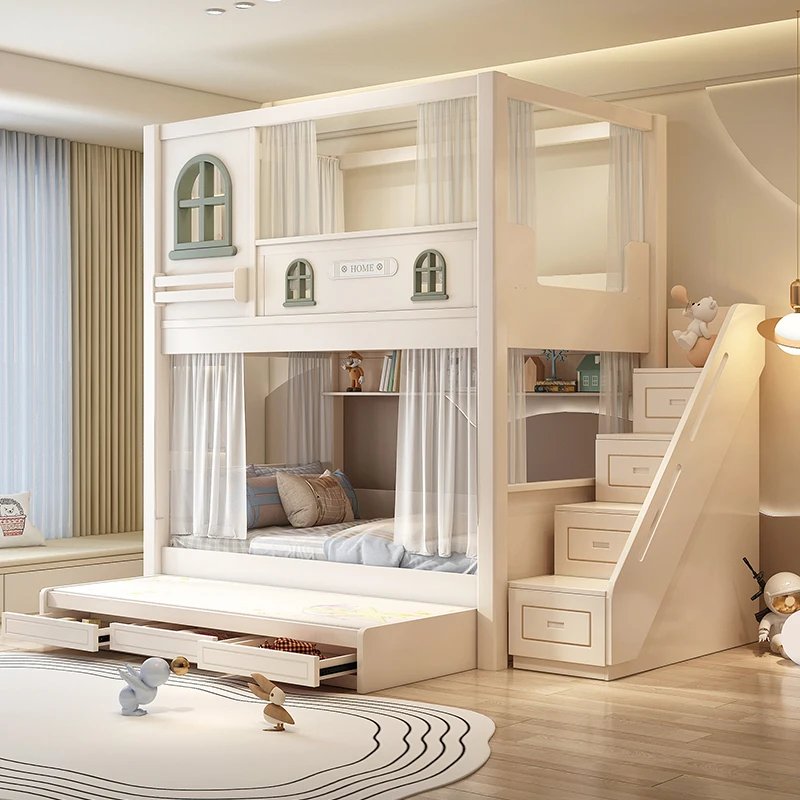 Children's bunk up and down Same width Castle bunk  High guardrail Two floors High and low bed Mother and child