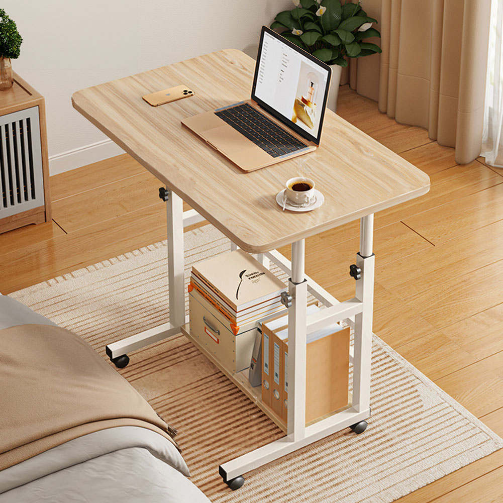 Mobile Over Height Adjustable Mobile Table Overbed Desk with Shelves Wheels Laptop Tray Stand