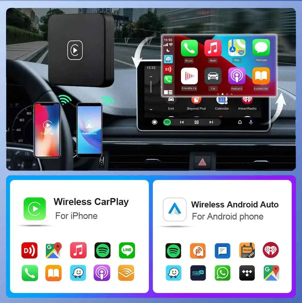 ワイヤレス CarPlay Android Auto 2 in 1 ボックスワイヤレスアダプター Spotify マツダトヨタメルセデスプジョーボルボサポート Netflix