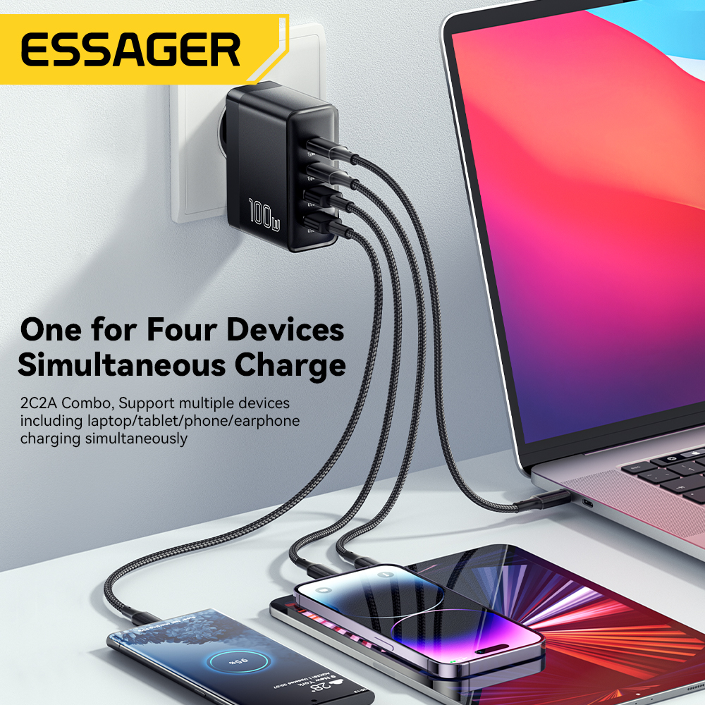 Essager 100W US/KR enchufe USB tipo C cargador GaN para ordenador portátil Macbook PD carga rápida para iPhone 16 15 14Pro Samsung adaptador de carga