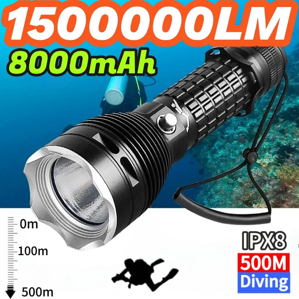 Linterna de buceo de alta potencia IP68, la más alta resistencia al agua, luz de buceo profesional alimentada por batería 18650 con cuerda de mano