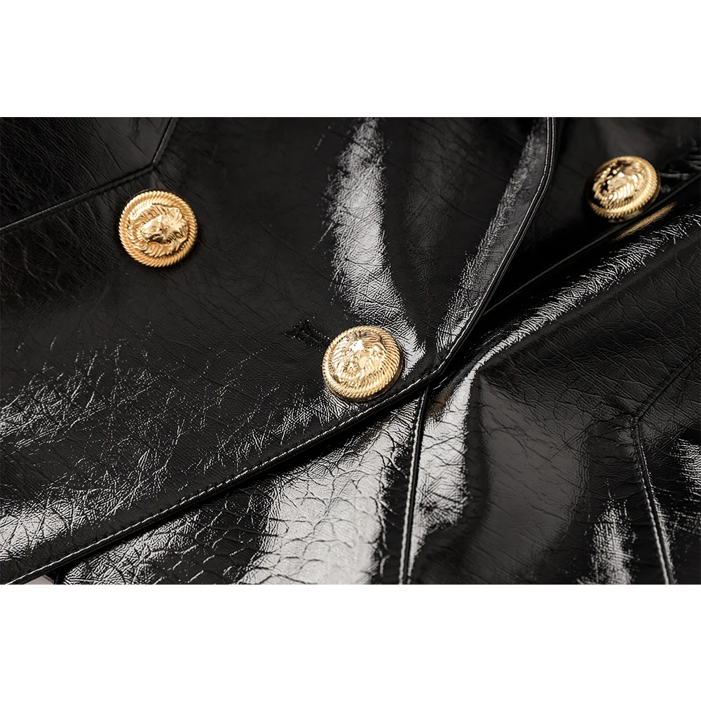2024 neueste Design soomth pu Leder schwarz Qualität Blazer Zweireiher Knöpfe Frauen Mode Jacken