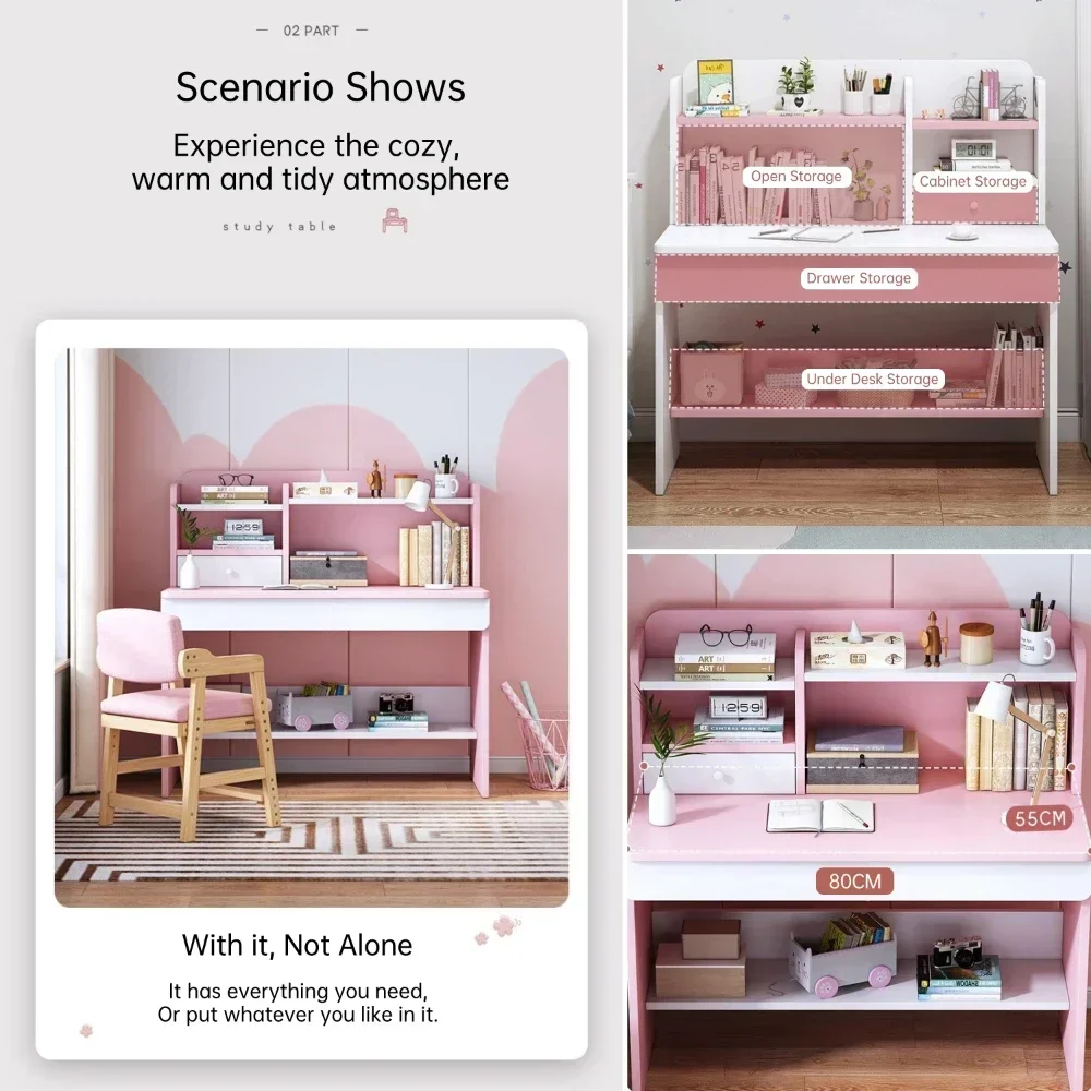 Kids Desk and Chair Set Wooden Computer Office Table for School Students Study Writing Desk Adjustable Chair Storage Cabinets