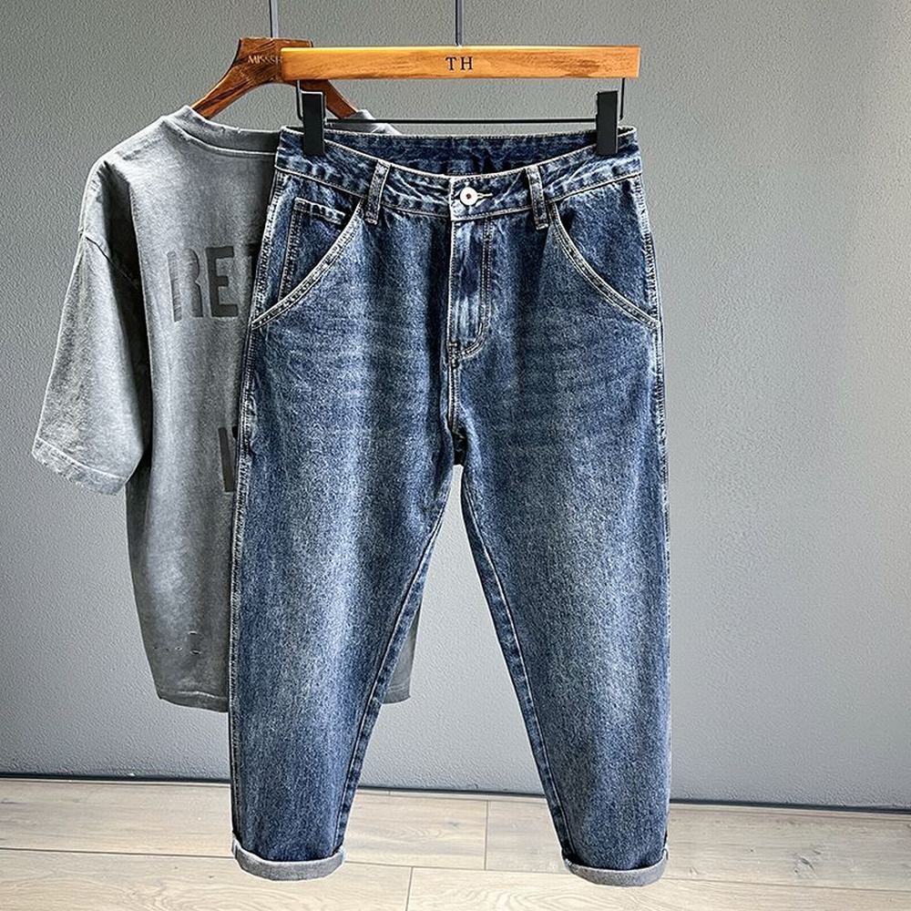 Koreanische Vintage Lose Verjüngt männer Jeans Mode High Street Drapieren Harem Hosen Jugend Hip Hop Streetwear Männliche Blaue Denim Hosen