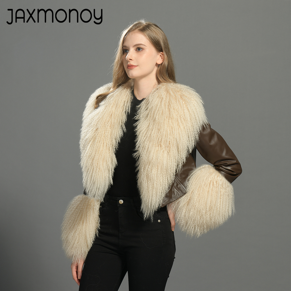 Jaxmonoy chaqueta de cuero para mujer con piel auténtica mongol 2024 nueva Otoño Invierno chaquetas cortas de piel de oveja para mujer abrigo recortado de moda