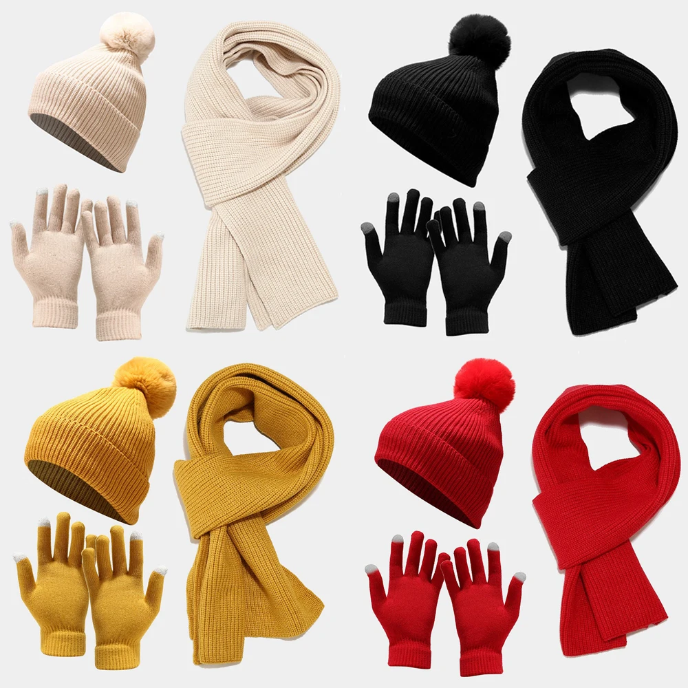 3 Teile/satz Frauen Winter Hut Schal Handschuhe Faux Pelz Ball Frau Gestrickte Beanie Anzug Fleece Futter Weihnachten Teenager Mädchen Kappe set