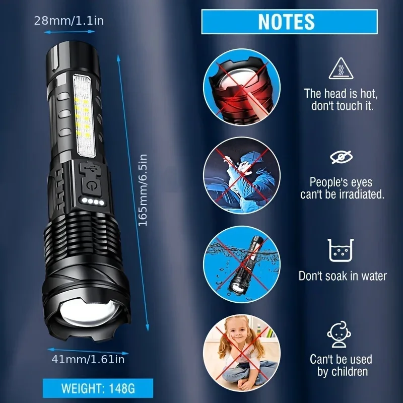 XPHP50 LED Tactical Powerful Flashlight Zoomable Waterproof COB Side Light Camping Torch 7 Modes USB Rechargeable Flash Lights