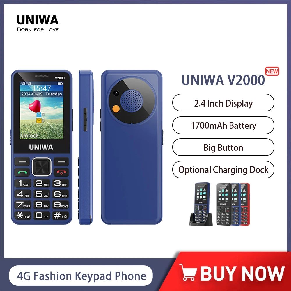 UNIWA V2000 4G teclado de moda teléfono 2,4 pulgadas botón grande volumen fuerte Dual SlM 1700mAh teclado ruso funciones teléfonos para personas mayores