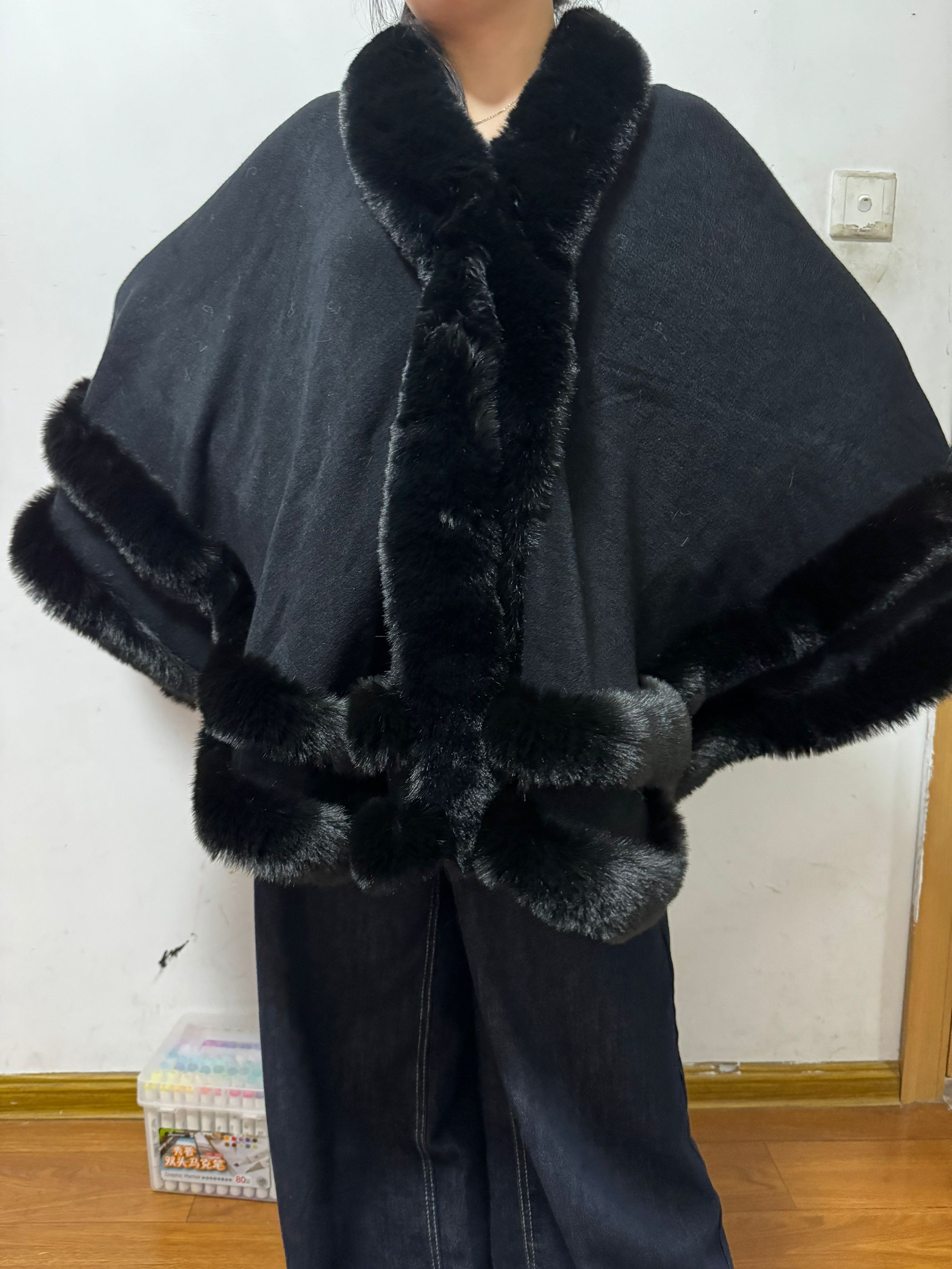 2024 mujeres 2 círculo envuelve larga capa de piel de conejo de imitación Poncho invierno suelto grueso cálido chal prendas de vestir exteriores capa de punto abrigo