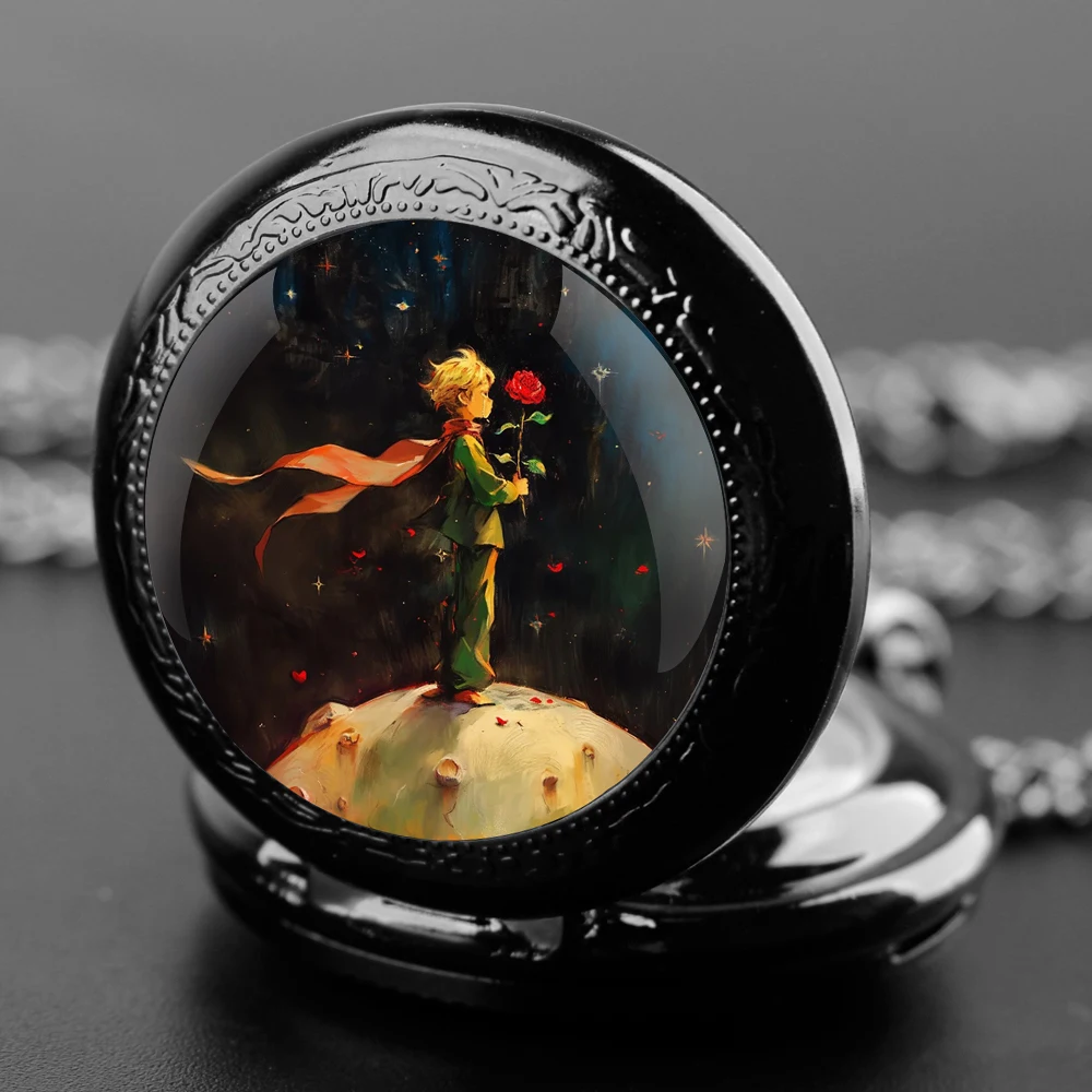 Príncipe e rosa cúpula relógio de bolso com corrente algarismos árabes dial vintage masculino feminino colar pingente relógio melhor presente para crianças