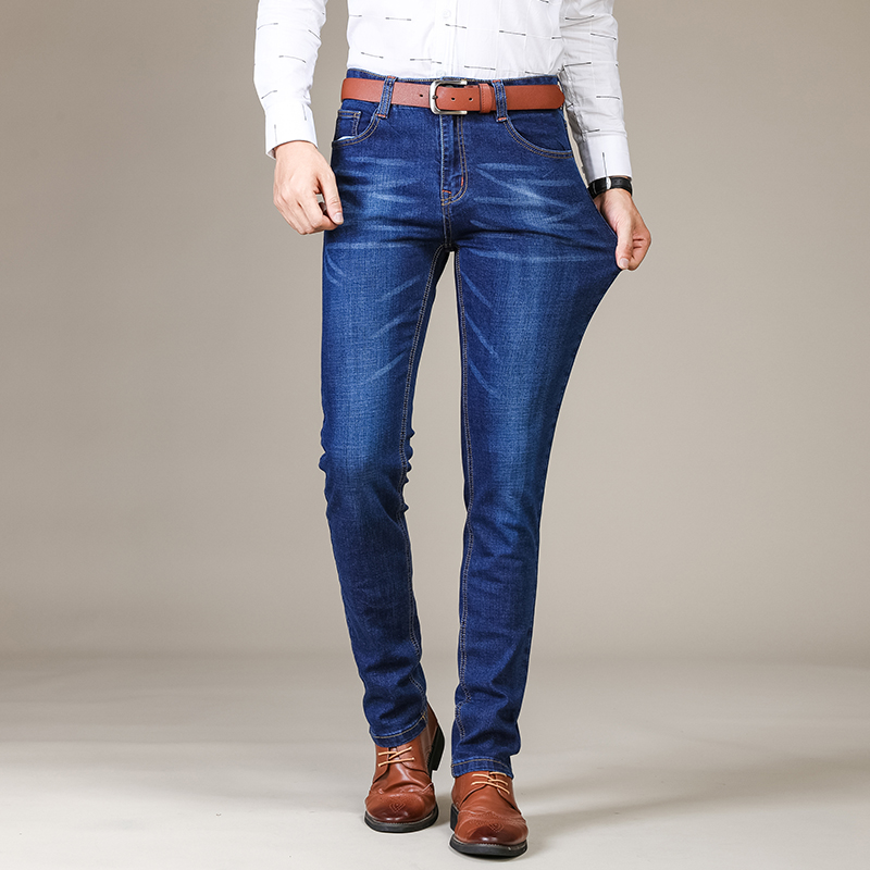 Calça jeans masculina de negócios, casual, reta, elástica, moda clássica, azul, preta, trabalho, roupas de marca masculina